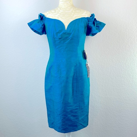 Expo Nite Dresses & Skirts - Vtg Iridescent Teal 80s 90s Off Shoulder Bow Cocktail Party Dress Expo Nite Sz 8